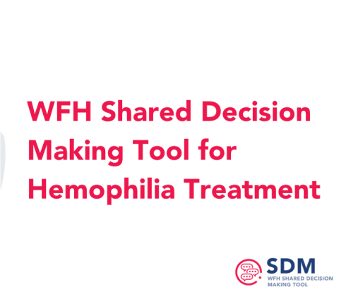 WFH Shared Decision Making Tool for Hemophilia Treatment in red text with SDM logo in the bottom right corner.